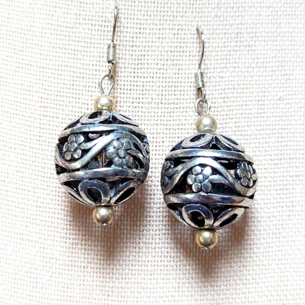 Bohemian Style Sliver Tone Filigree Floral Dangle Drop Ball Hippie Earrings